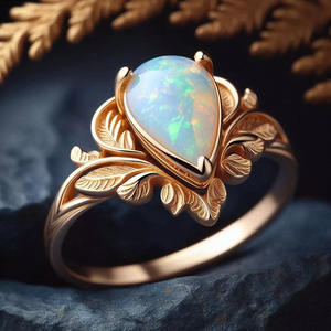 Anillo de Ópalo para Mujer A006, Forma de Pera, Piedra Preciosa Natural, Engaste de Garras, Diseño de Planta, Anillos de Compromiso de Moda - Product Image 1