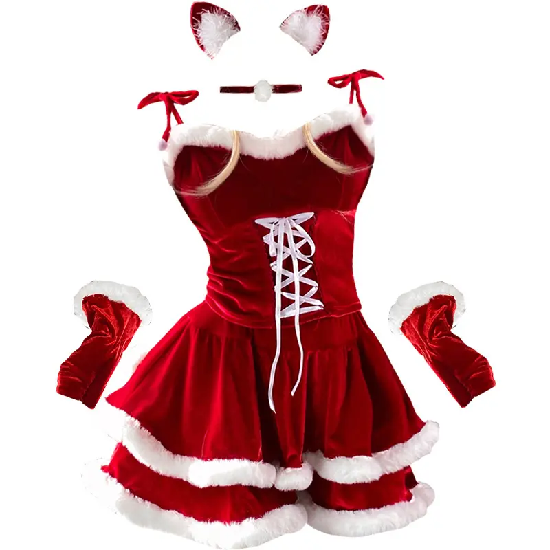 Costume di natale sexy di natale rosso più venduto all'ingrosso costume di Babbo Natale femminile adulto