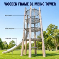 Torre de Escalada con Estructura de Madera y Plataforma de Malla de Cuerda de Tres Niveles, Certificada CE EN1176, para Niños, Equipo de Juegos al Aire Libre