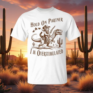 Camiseta Vintage de Vaquero con Gato 'Hold on Partner I'm Overstimulated' Estilo Promocional - Product Image 3