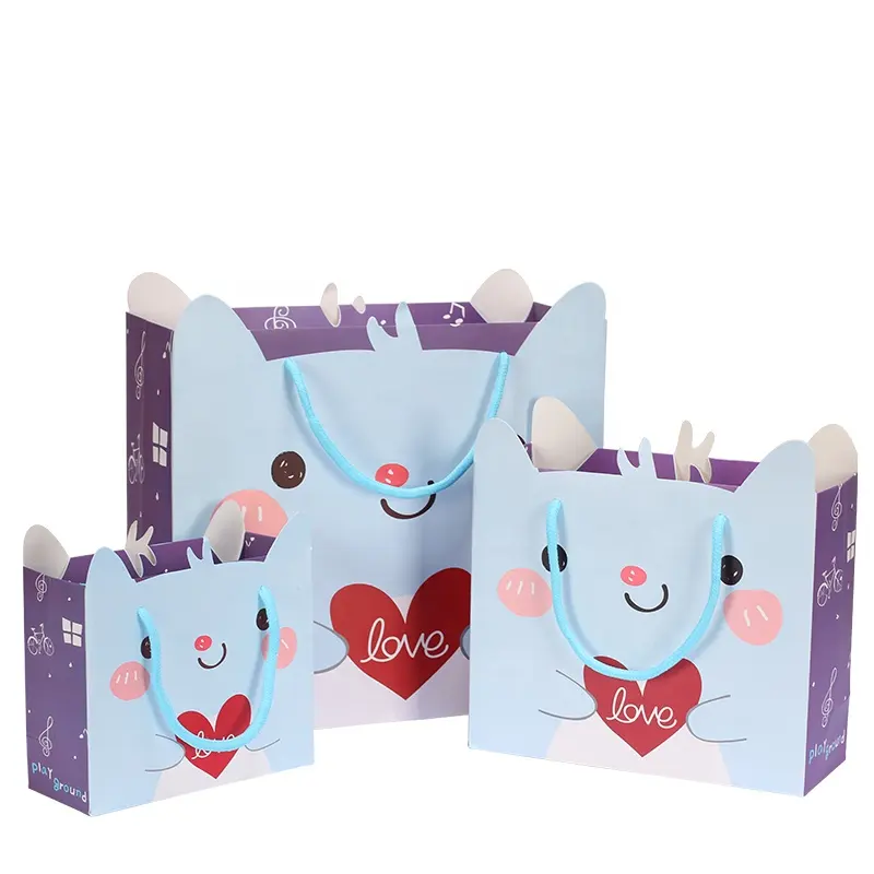 Logo alışveriş hediye kağıt torbalar ile karikatür Kitty lüks özel ambalaj çanta