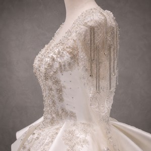 Vestido de Novia de Gala con Cuello Alto, Manga Larga, Cristales, Volantes, Satén, Tallas Grandes, Estilo Princesa, Flores Personalizadas, para Madre de la Novia - Product Image 5