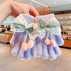 Guanti da <span class=keywords><strong>bambina</strong></span> in lana di visone per bambini lavorati a maglia calda e a prova di freddo per autunno/inverno graziose culle da dito antivento per il ciclismo - Product Image 4