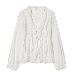 ZEVITY Camicia da donna <span class=keywords><strong>elegante</strong></span> con scollo a V e volant a cascata, design a tinta unita, in chiffon, a maniche lunghe, slim fit, chic - Product Image 4