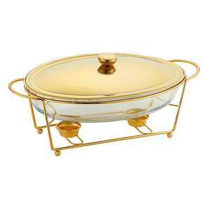Olla Buffet Redonda de Vidrio Resistente al Calor con Tapa, Calentamiento con Alcohol, Olla Buffet Dorada, Estufa Buffet de Temperatura Constante - Product Image 1