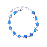 Bracelet Hawaïen en Argent Sterling 925 de la Collection Océan, Incrusté d'Opale, Motif Vie Marine, Fleur de Plumeria Bleue et Tortue