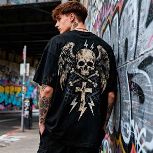 T-shirt ample et carré 100 % polyester, motif crâne imprimé personnalisé, style streetwear vintage pour hommes – Collection 2026, Vente Flash - Product Image 2