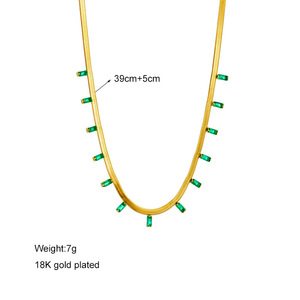 Gold Geometric Snake Chain Necklace With Green Stones Party Jewelry Zinc Alloy Flat Link Design - Product Image 4