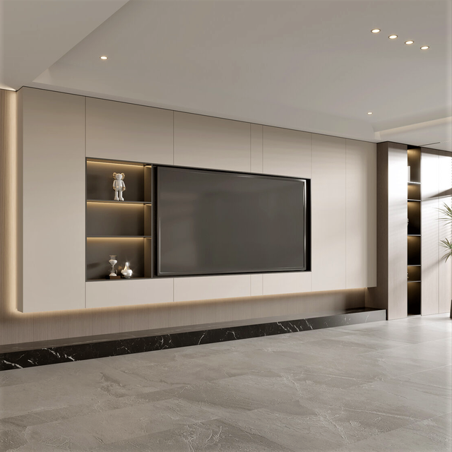 Modern Minimalist Wooden LED Floating TV Cabinet Wall Unit Floor-to-Ceiling Design Hidden Storage Custom Apartment Media Console
