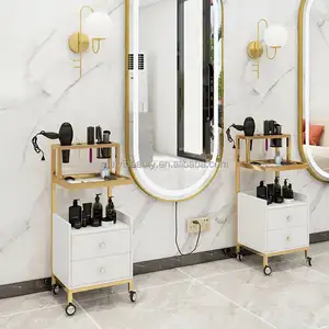 Professional hair salon equipment rolling spa gold side makeup cabinet organizer case barber shop wooden trolley for salon