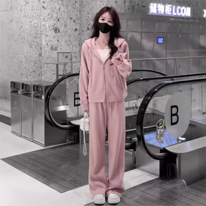 Women's Pink Casual <b>Tracksuit</b> Solid Color Lightweight Sweatshirt Two Piece Set Autumn Wear - Product Image 3
