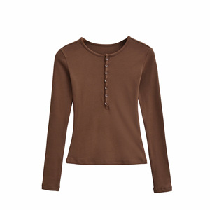 Haut de sport et de <span class=keywords><strong>yoga</strong></span> pour femme, coupe courte, à col montant, manches longues, léger, respirant, extensible dans les quatre sens, avec design boutonné sexy - Product Image 5