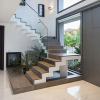 Style contemporain poli en forme de Z marche en bois de chêne avec lumières led escalier flottant avec garde-corps