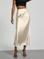 Jupes midi élégantes pour femmes, taille haute, en satin, respirantes, style décontracté printemps, couleur noire unie, populaires, en promotion