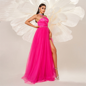 2024 gaun malam ukuran Plus mewah glamor Rosered Halter asimetris a Line Split Tulle pesta panjang pesta Prom malam gaun panjang - Product Image 2