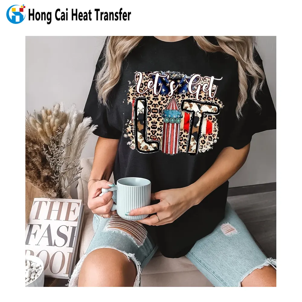 Hongcai半袖レディースTシャツパターンカスタム熱転写ロゴ加工高品質100% ポリエステル