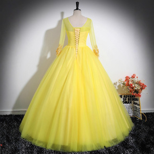 Yellow Stage Performance Dress Long Sleeves Puffy Skirt Women Art Exam Host Outfit 3D Floral Embroidery - Product Image 3