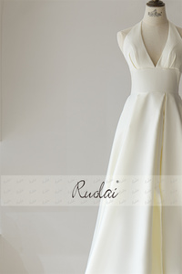 Ruolai QD06271 <strong>Halter</strong> <strong>Neck</strong> Hollow Bow Lace up <strong>Wedding</strong> Gowns Sleeveless Pleating <strong>A-Line</strong> Satin <strong>Wedding</strong> <strong>Dress</strong> Modern Plain