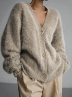 OEM personnalisé femme col en V tricot Cardigan grain de bois boutons manches longues moelleux ouvert devant couleur unie pull thermique pour femme