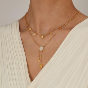 Ожерелье с кубическим цирконием и позолотой, двойной слой, с кисточками и цветами, в простом стиле - Product Image 5