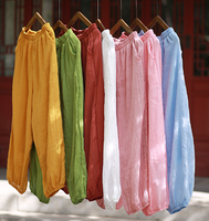 Celana Yoga Wanita Campuran Katun-Linen Model Longgar Potongan Boot Cut Pinggang Sedang Pakaian Santai Pilates Musim Panas Celana Bloomers Serbaguna Celana Artistik