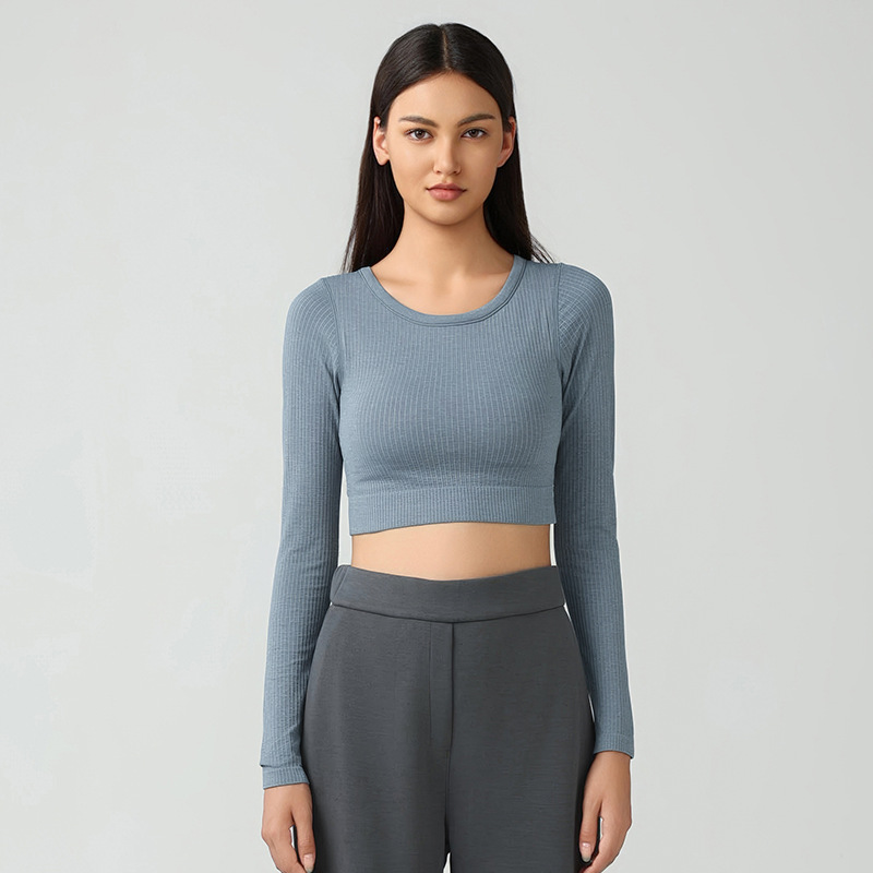 2025 Women XS-XL Long Sleeve Round Neck Comfortable Seamless Compression Shirts Breathable Skinny Padded Gym Yoga Crop Top