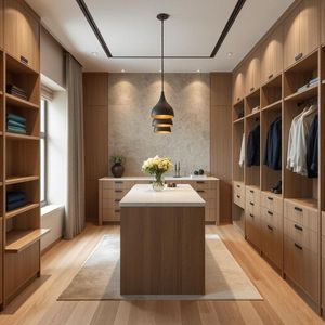 Dressing ouvert autoportant en bois style Wabi-Sabi, <span class=keywords><strong>armoire</strong></span> sur mesure, finition naturelle, coiffeuse, rangement moderne pour chambre à coucher - Product Image 4