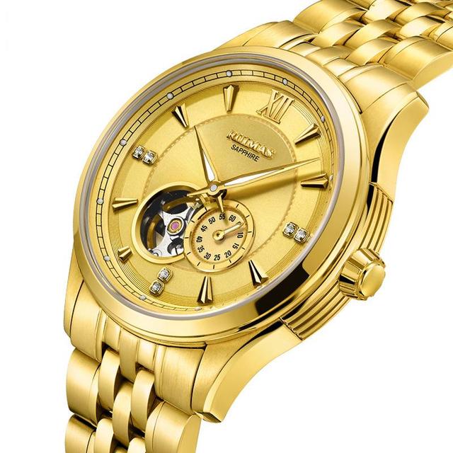 Luxury Men's Gold Tone Automatic Mechanical Watch Sapphire Crystal Waterproof Open Heart Business Wristwatch for Male