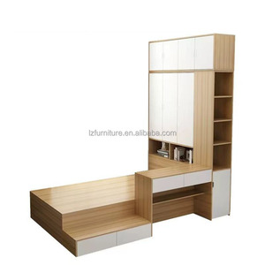 Ensembles de meubles compacts pour appartement studio à prix abordable : Lit tatami en bois avec rangement intégré, bureau et bibliothèque - Product Image 2