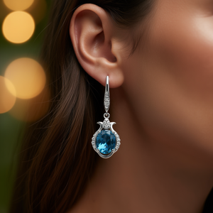 Pendientes Clásicos de Mujer con Baño de Rodio, Piedra de Topacio Ovalada con Engaste de Garra, Joyería de Moda para Fiesta - Product Image 2