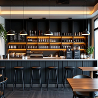 Simple Café & Roastery Featuring White Metal Stools and Linear Tiered Open Shelving Design