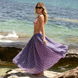Classic Purple Plaid Breathable Summer Maxi <b>Skirt</b> for Women Elastic Waist A-Line <b>Full</b> Swing Flowy Casual - Product Image 3