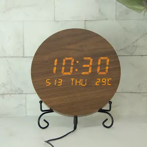 EMAFホットセールノベルティ家の装飾DCケーブルデジタル木製LED壁掛け時計時間カレンダー温度装飾デジタル壁掛け時計