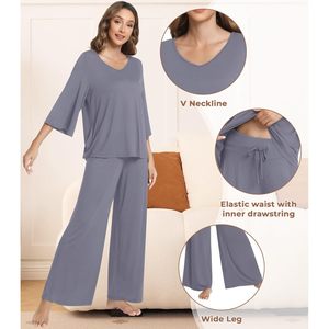 Ensemble de pyjamas pour femmes, manches 3/4, col en V, vêtements de nuit doux, pantalon large, viscose fabriquée à partir de bambou - Product Image 4
