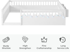Letto Montessori Personalizzato con Sponde Alte, Struttura Letto a Terra Full Size per Bambini, Luci LED e Ripiano Portaoggetti - Product Image 2