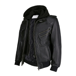 <b>Women's</b> Black Genuine <b>Leather</b> Zipper Slim Fit Hooded <b>Bomber</b> Winter <b>Jacket</b> OEM ODM Custom Logo Moto Biker Satin Lining Polyester - Product Image 3