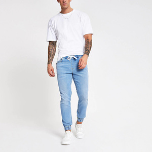 Pantalons de jogging en denim bleu clair à taille élastique, style tendance, prix bas pour hommes - Product Image 2