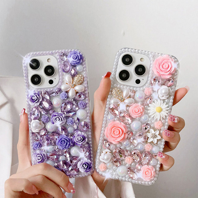 Bling Diamond Rhinestone Glitter 3d Pearl Flower Phone Case for iPhone 16 15 14 13 12 11 Pro Max With Bracelet Protective Cover