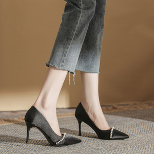 Elegant Satin Slip-On Pointed <b>Toe</b> Stiletto Heels Bead Decoration Fashion Trend for Wedding Evening Wear Women's High Heel Shoes - Product Image 3