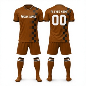 Maillot de football personnalisé par sublimation, col en V, manches courtes, motif à carreaux marron, pour homme adulte, séchage rapide, polyester, tenue d'équipe - Product Image 1