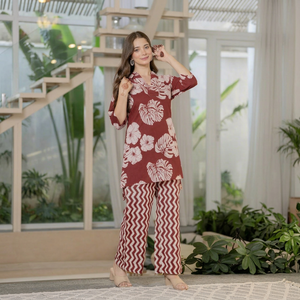 Vestido Casual Estampado Floral para Mujer, Corte Holgado, Cuello en V, Manga Tres Cuartos, Verano, Transpirable, Tejido de Algodón y Fibra de Bambú - Product Image 1