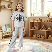 Ensemble de 2 pièces pour femme, t-shirt à manches courtes avec imprimé papillon, pantalon long évasé avec nœud décoratif, ensemble décontracté pour tous les jours