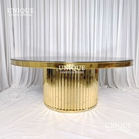 Vente en gros, nouveau design, table et chaises de réception de mariage en acier inoxydable doré avec miroir rond de luxe en verre pour fête d'occasion