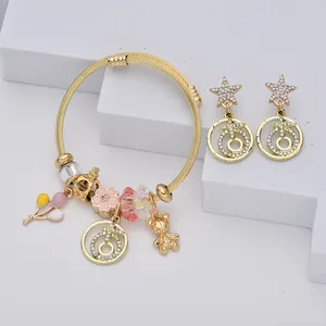 Hot Sales Gold Plated Cuff Bangle With Bear Shape Pendant And Stainless Steel Cubic Zircon Stars Earing Sets