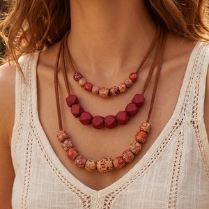 Boho Triple Strands Suede <b>Rope</b> Necklace Multi Shape Printed Wood Beads Women Vintage Casual Western Neck Ornament - Product Image 3