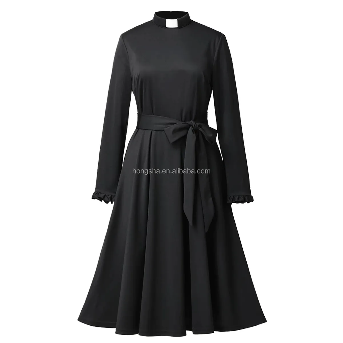 사제 칼라 교회 드레스 블랙 여성 임무 행사 여성 교회 드레스 라인 벨트 허리 미디 교회 드레스