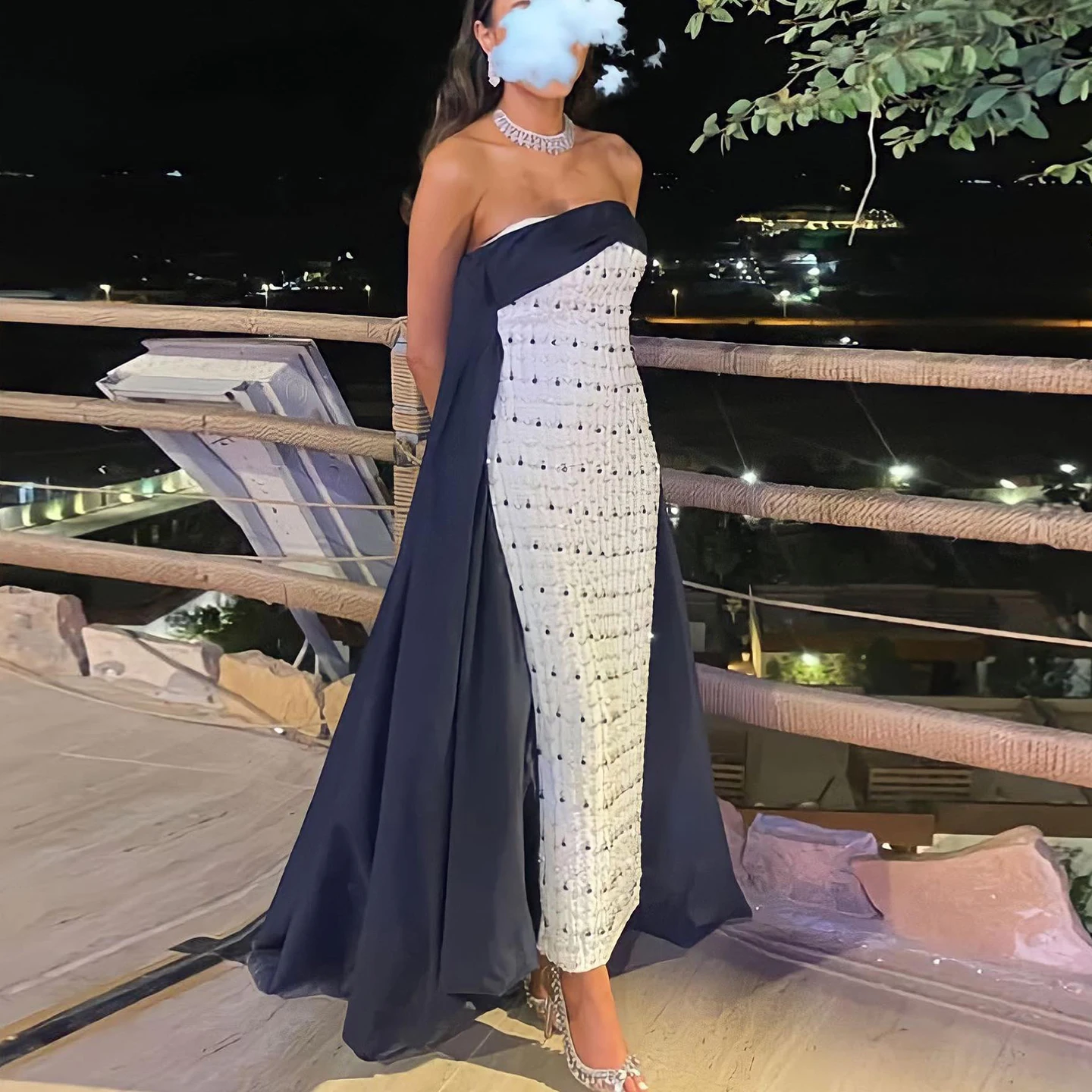 Blue and White Dress - Elegant Evening Gown with Beading