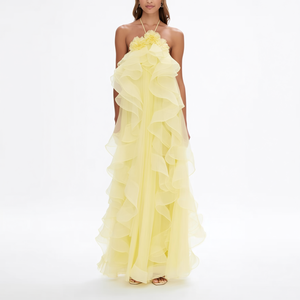 Abito Lungo Giallo Limone <span class=keywords><strong>con</strong></span> Etichetta Privata Personalizzata per Donna, Vestito <span class=keywords><strong>da</strong></span> Sera <span class=keywords><strong>con</strong></span> Applicazioni Floreali 3D e Balze Stratificate per Eventi Formali - Product Image 3