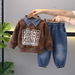 Set di Abbigliamento Casual per Bambini - Vendita all'Ingrosso di Fabbrica Felpa con Cappuccio a Maniche Lunghe Colletto in Denim Jeans in Cotone con Motivo Stampato - Product Image 3