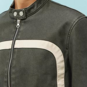 Veste en cuir style moto sur mesure avec bordure contrastante, fermeture éclair, veste en cuir courte en polyester pour femmes - Product Image 4